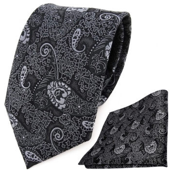 TigerTie Designer Krawatte + Einstecktuch anthrazit schwarz grau silber Paisley