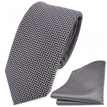 schmale TigerTie Krawatte + Einstecktuch in silber grau-schwarz gestreift