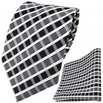 TigerTie Designer Krawatte + Einstecktuch anthrazit grau silber weiss gestreift