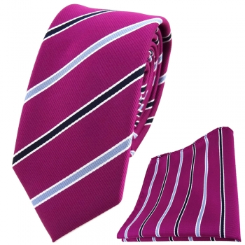 schmale TigerTie Krawatte + Einstecktuch in magenta violett blau weiss gestreift