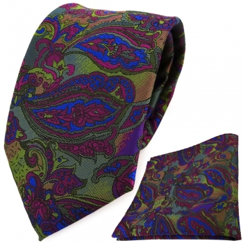 TigerTie Designer Krawatte + Einstecktuch violett blau olivegrün Paisleymuster