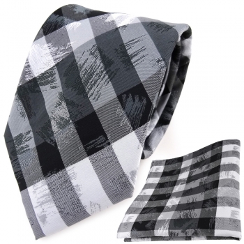 TigerTie Designer Krawatte + Einstecktuch grau silber schwarz gestreift