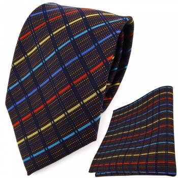 TigerTie Designer Krawatte + Einstecktuch blau gold türkis rot schwarz gestreift