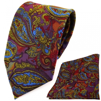 TigerTie Designer Krawatte + Einstecktuch lila gold rot orange blau Paisley