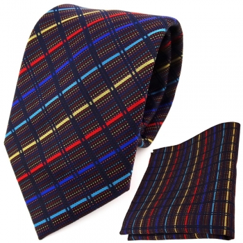 TigerTie Designer Krawatte + Einstecktuch gold rot blau türkis schwarz gestreift