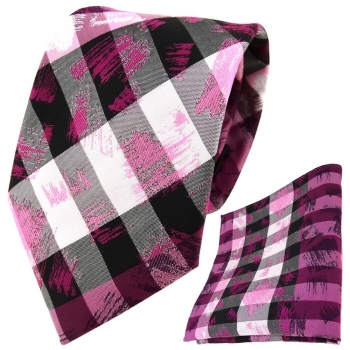 TigerTie Designer Krawatte + Einstecktuch pink grau silber schwarz gestreift