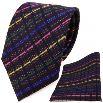 TigerTie Designer Krawatte + Einstecktuch rosa blau grün schwarz gestreift
