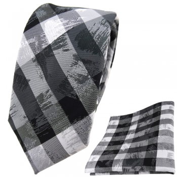 schmale TigerTie Krawatte + Einstecktuch in grau silber schwarz gestreift