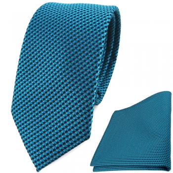 schmale TigerTie Krawatte + Einstecktuch in türkisblau schwarz gemustert