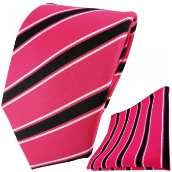 TigerTie Designer Krawatte + Einstecktuch in pink rosa schwarz weiß gestreift