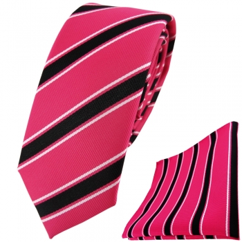 schmale TigerTie Krawatte + Einstecktuch in pink rosa schwarz weiß gestreift