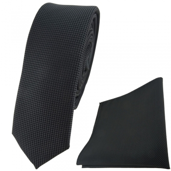 schmale TigerTie Krawatte + Einstecktuch in anthrazit dunkelgrau fein gepunktet