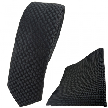 schmale TigerTie Krawatte + Einstecktuch in anthrazit dunkelgrau gepunktet