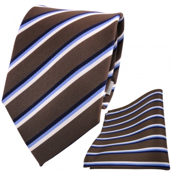 TigerTie Designer Krawatte + Einstecktuch braun dunkelbraun blau weiß gestreift