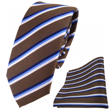 schmale TigerTie Krawatte + Einstecktuch braun dunkelbraun blau weiß gestreift