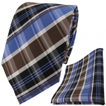 TigerTie Designer Krawatte +Einstecktuch braun blau silbergrau schwarz gestreift