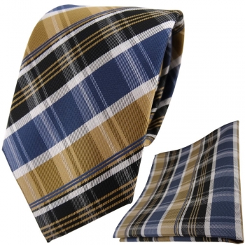 TigerTie Designer Krawatte + Einstecktuch gold blau silbergrau braun gestreift