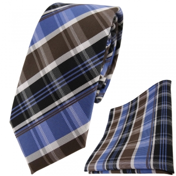 schmale TigerTie Krawatte + Einstecktuch braun blau silbergrau schwarz gestreift