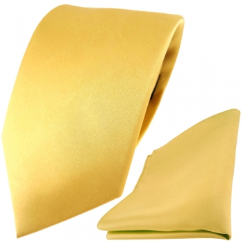 TigerTie Satin Seidenkrawatte + Seideneinstecktuch gold hellgold einfarbig Uni
