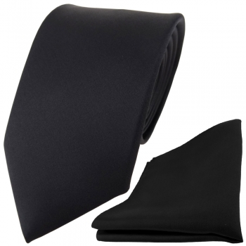 TigerTie Satin Seidenkrawatte + Seideneinstecktuch in schwarz einfarbig Uni