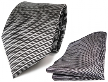 TigerTie Set Krawatte + Einstecktuch silber grau-schwarz gestreift