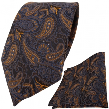 TigerTie Krawatte + Einstecktuch in braun bronze blau schwarz Paisley gemustert