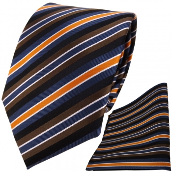 TigerTie Krawatte + Einstecktuch in braun orange schwarz silber blau gestreift