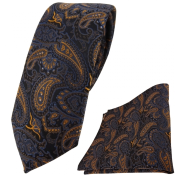 schmale TigerTie Krawatte + Einstecktuch braun bronze gold blau schwarz Paisley