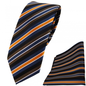 schmale TigerTie Krawatte + Einstecktuch braun orange schwarz blau gestreift