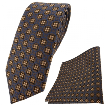 schmale TigerTie Krawatte + Einstecktuch braun dunkelbraun blau silber gemustert