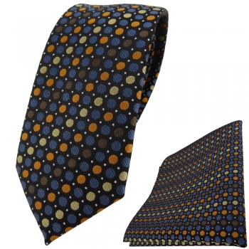 schmale TigerTie Krawatte + Einstecktuch braun blau gold orange silber gepunktet