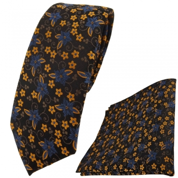 schmale TigerTie Krawatte + Einstecktuch braun dunkelbraun bronze blau geblümt