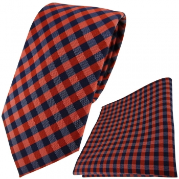 TigerTie Designer Krawatte + Einstecktuch in orange marine dunkelblau kariert
