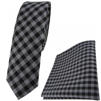 schmale TigerTie Krawatte + Einstecktuch in anthrazit grau schwarz kariert
