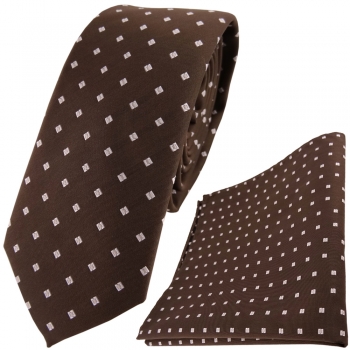 schmale TigerTie Krawatte + Einstecktuch nussbraun silber gepunktet mit Karos