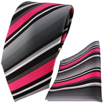 TigerTie Designer Krawatte + Einstecktuch in pink silber grau weiss gestreift