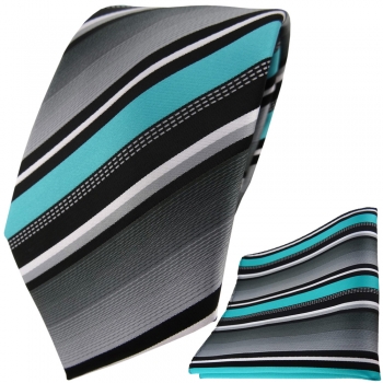 TigerTie Designer Krawatte + Einstecktuch in türkis silber grau weiss gestreift