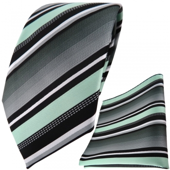 TigerTie Designer Krawatte + Einstecktuch in mint silber grau weiss gestreift