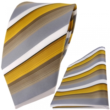 TigerTie Designer Krawatte + Einstecktuch in gold grau weiss gestreift