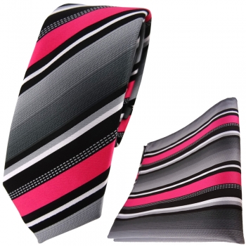 schmale TigerTie Krawatte + Einstecktuch in pink silber grau weiss gestreift