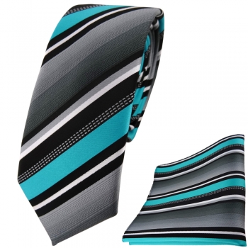 schmale TigerTie Krawatte + Einstecktuch in türkis silber grau weiss gestreift