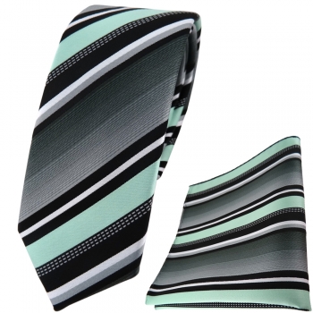 schmale TigerTie Krawatte + Einstecktuch in mint silber grau weiss gestreift