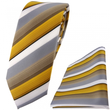 schmale TigerTie Krawatte + Einstecktuch in gold grau weiss gestreift