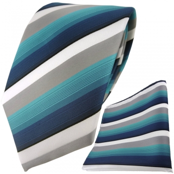 TigerTie Designer Krawatte + Einstecktuch in türkis petrol grau weiss gestreift
