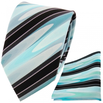 TigerTie Designer Krawatte+Einstecktuch mint grün türkis schwarz grau gestreift