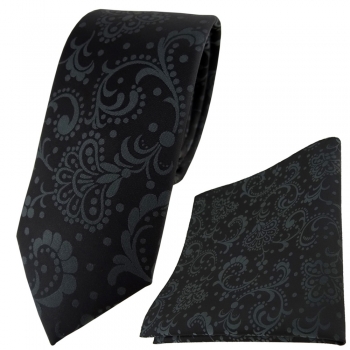 schmale TigerTie Krawatte + Einstecktuch in schwarz anthrazit gemustert