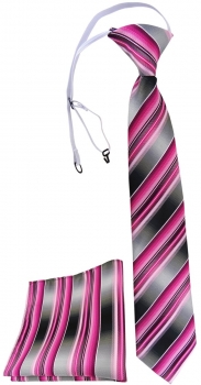 TigerTie Security Sicherheits Krawatte + Einstecktuch rosa pink grau gestreift