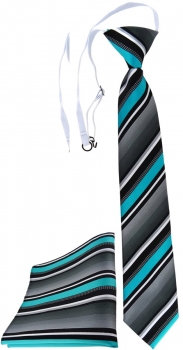 TigerTie Sicherheits Krawatte + Einstecktuch türkis silber grau weiss gestreift