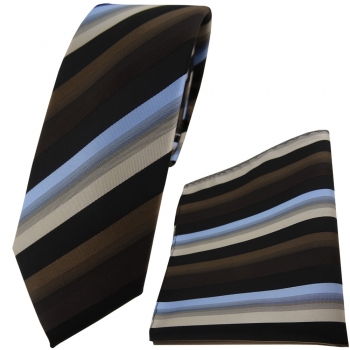 schmale TigerTie Krawatte + Einstecktuch braun blau beige schwarz gestreift