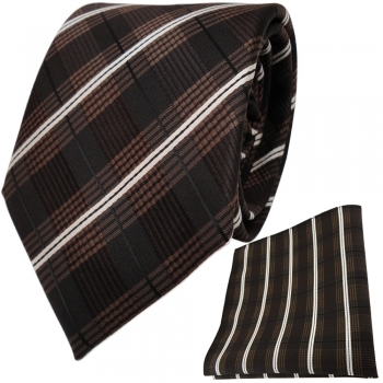 TigerTie Krawatte + Einstecktuch in braun dunkelbraun creme schwarz gestreift